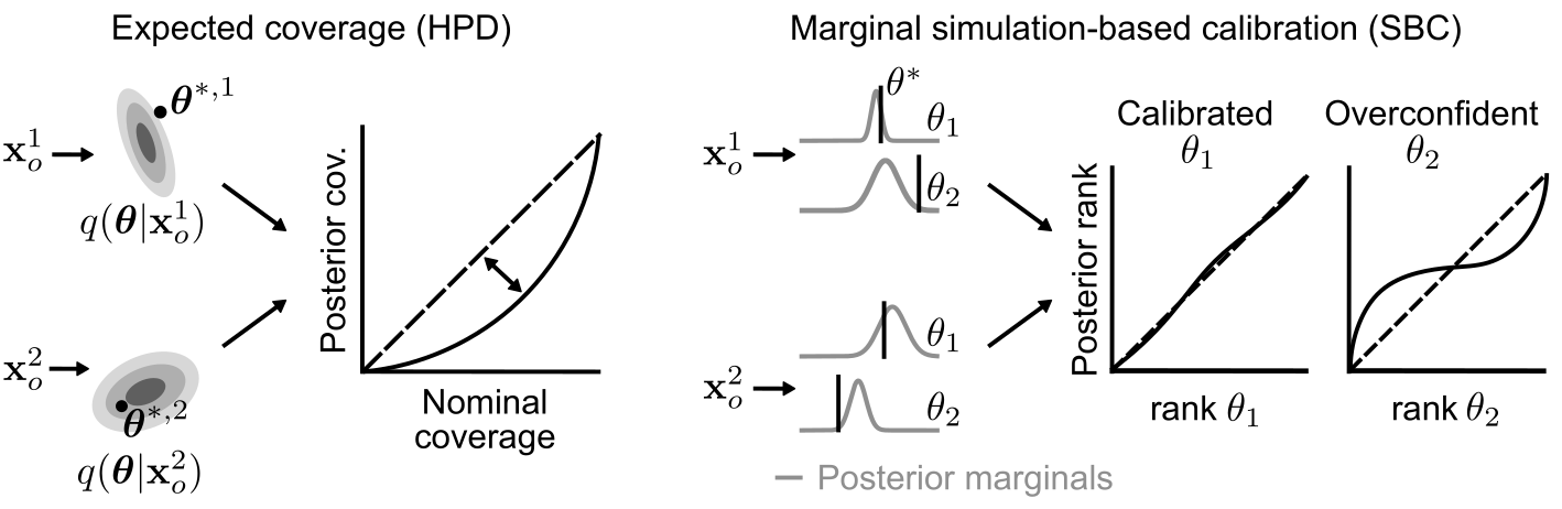 Coverage diagnostics for identifying inaccuracies in the approximate posterior. Left: Expected coverage based on the highest-probability density (HPD) region aims to detect whether the joint posterior distribution is over- or under-confident. Marginal simulation-based calibration (SBC) aims to detect inaccuracies in the marginals of the posterior distribution. Both of these methods produce rank distributions, which are optimal if the posterior lies on the diagonal, and indicate issues if it lies above or below the diagonal. Figure modified from .